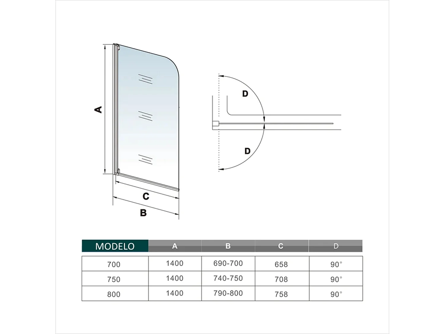 Mampara de bañera abatible-cristal templado 4mm con perfil gris mate-(690-700)x1400mm
