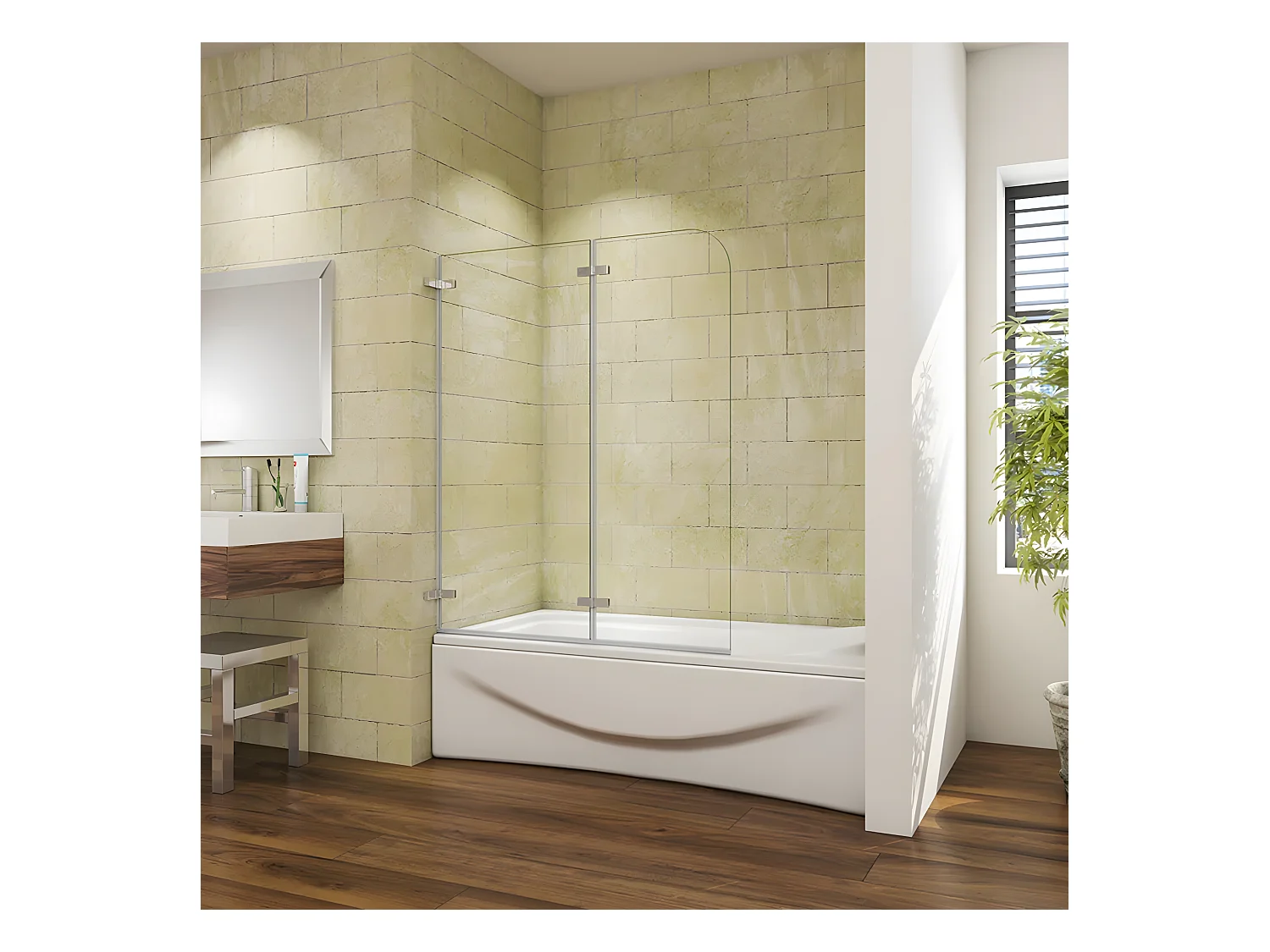 Mampara de bañera abatible giratoria bisagra 2 hojas cristal templado 5 mm 1100x1400mm