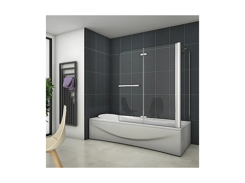 Mampara de bañera abatible 2 hojas con un panel fijo cristal antical 6mm con un toallero 300mm (1193-1213)x(678-698)x1400mm