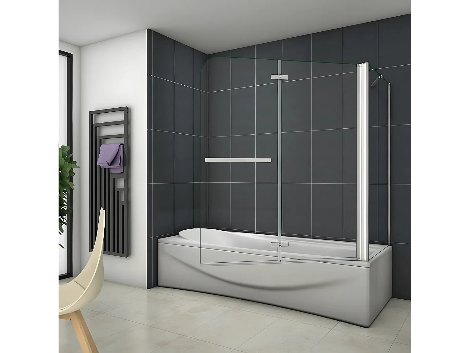 Mampara de bañera abatible 2 hojas con un panel fijo cristal antical 6mm con un toallero 300mm (1193-1213)x(678-698)x1400mm