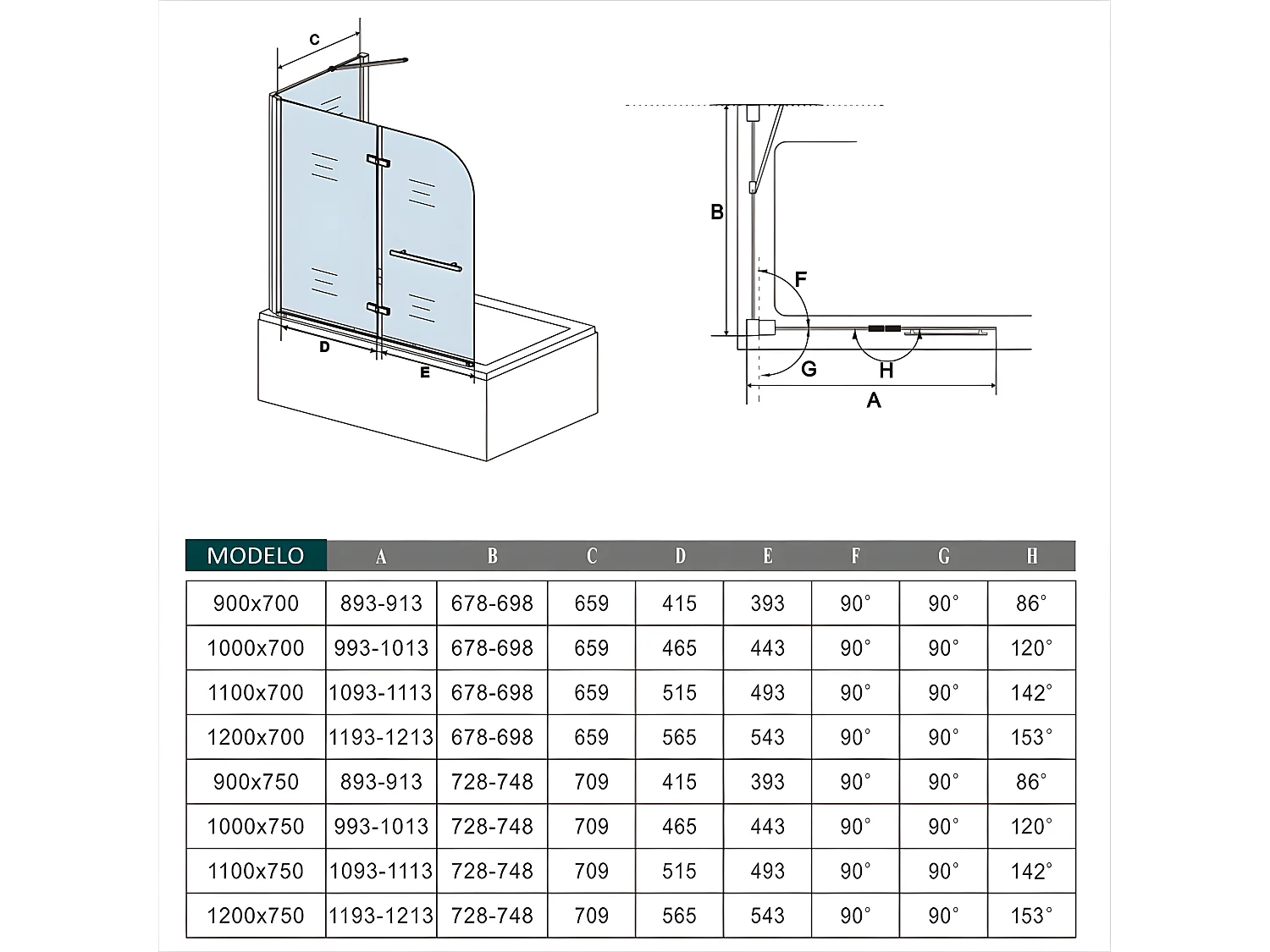 Mampara de bañera abatible 2 hojas con un panel fijo cristal antical 6mm con un toallero 300mm (893-913)x(678-698)x1400mm
