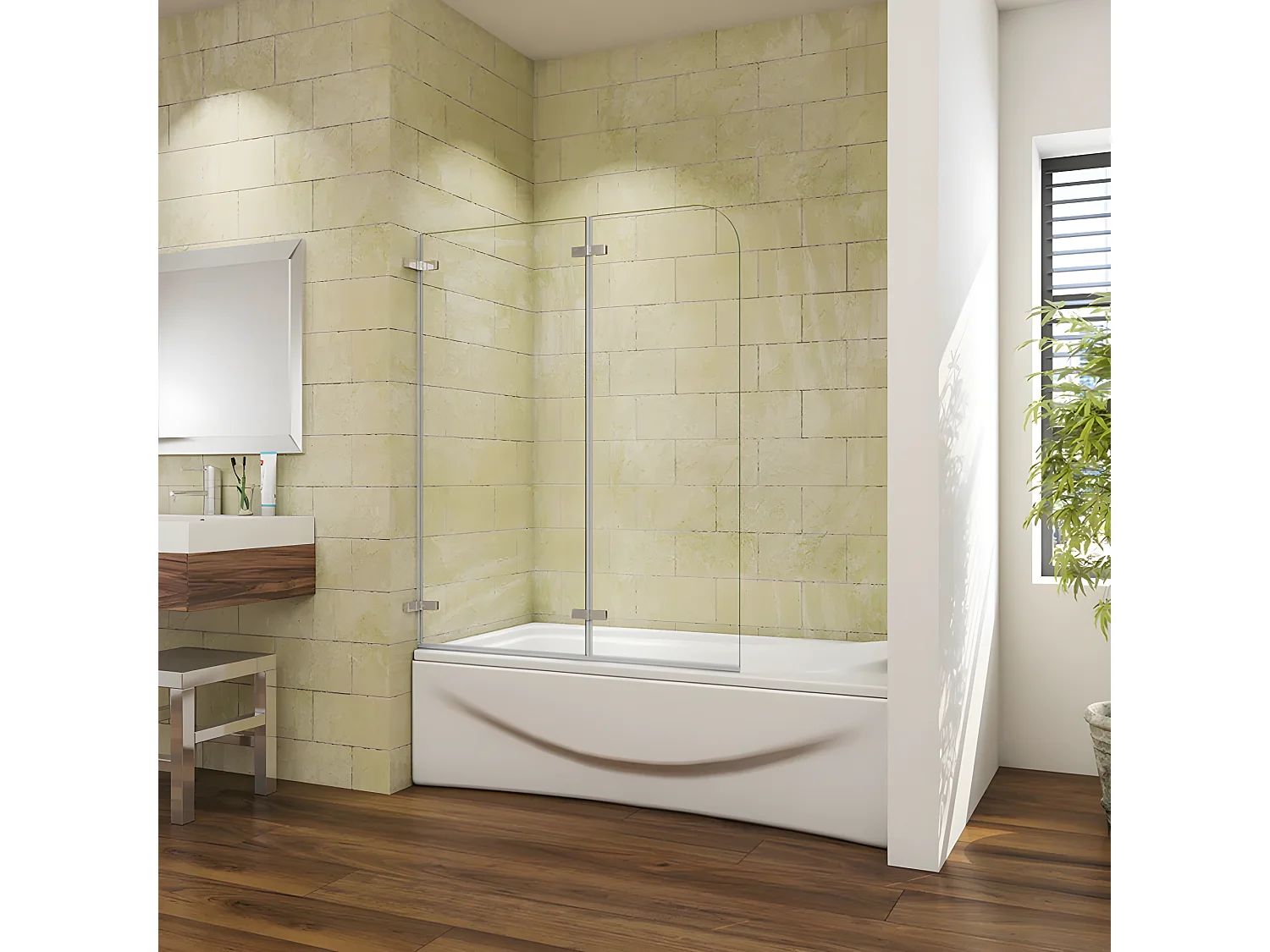 Mampara de bañera abatible giratoria bisagra 2 hojas cristal templado 5 mm 1200x1400mm