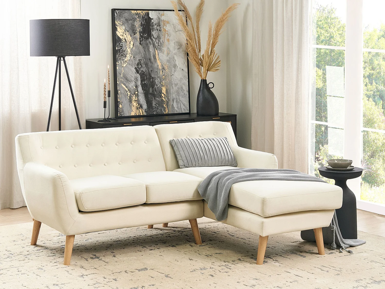 Canapé d'Angle Moderne 3 places en L avec Dossier Boutonné en Tissu Beige Clair Motala