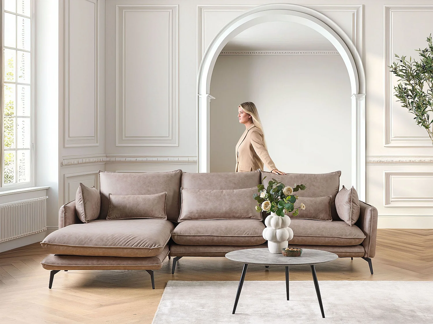 Narożnik GALLO Zamsz ekologiczny Jasnobrązowy dla 3 osób Prawostronny