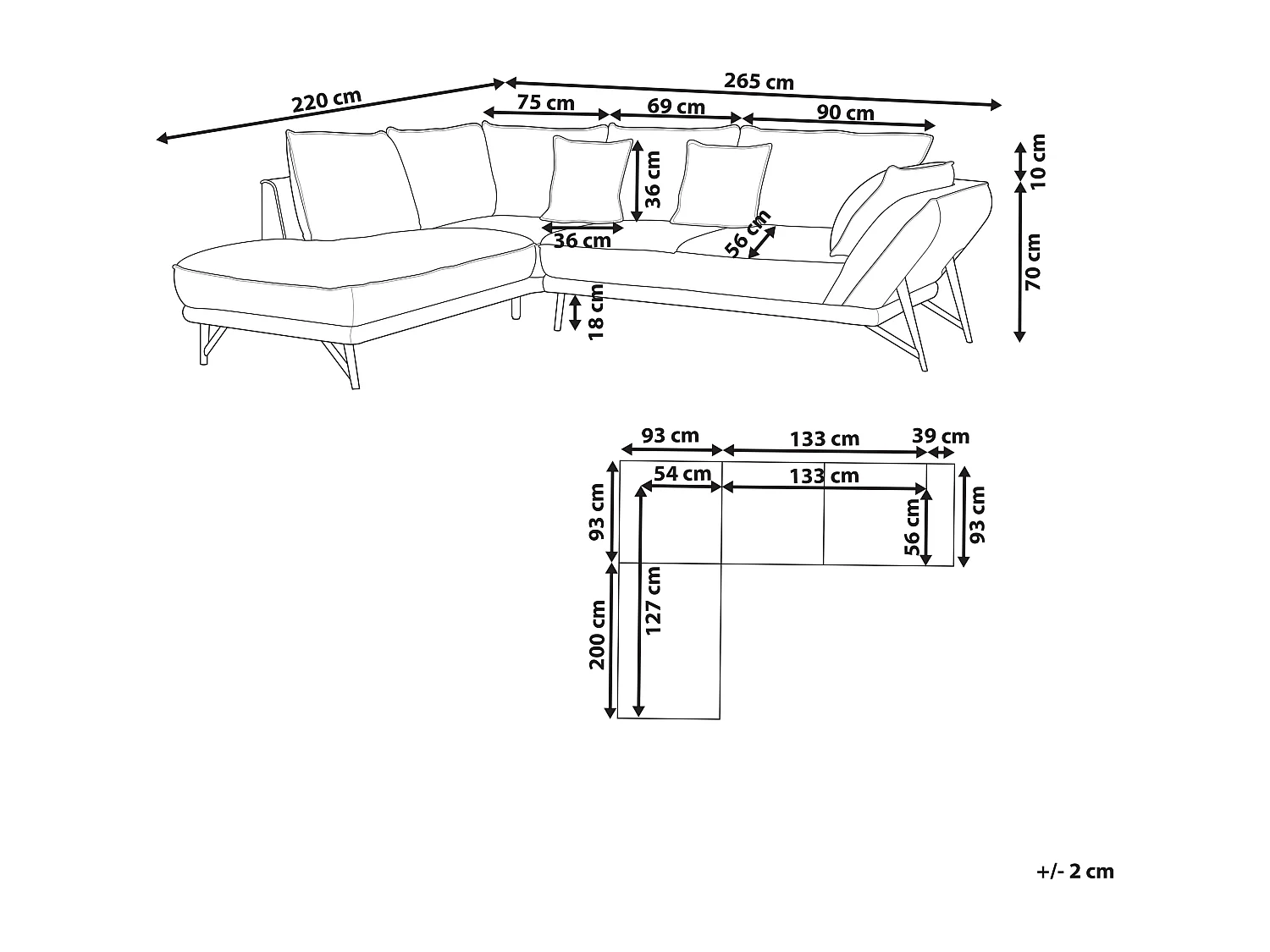 Ecksofa 3-Sitzer aus Leinen grau rechtsseitig L-Form modern schwarze Beine Elga