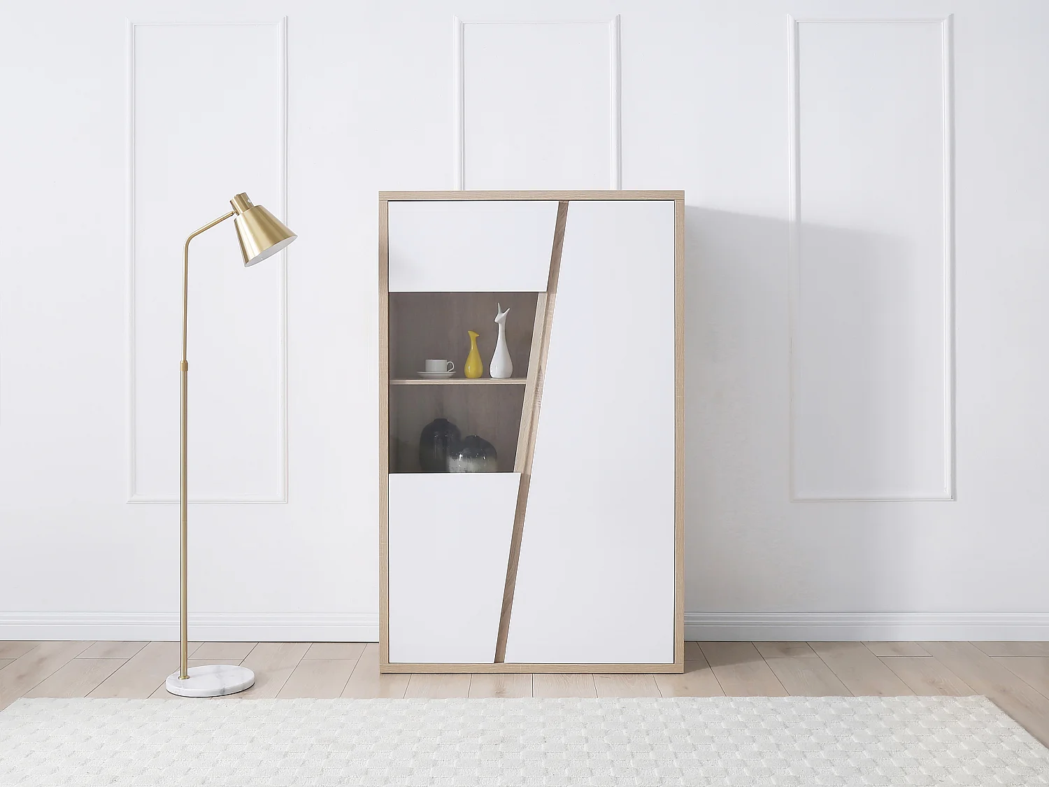 Vitrine 2 portes et 2 niches avec LEDs - Blanc et naturel - ZAOTI