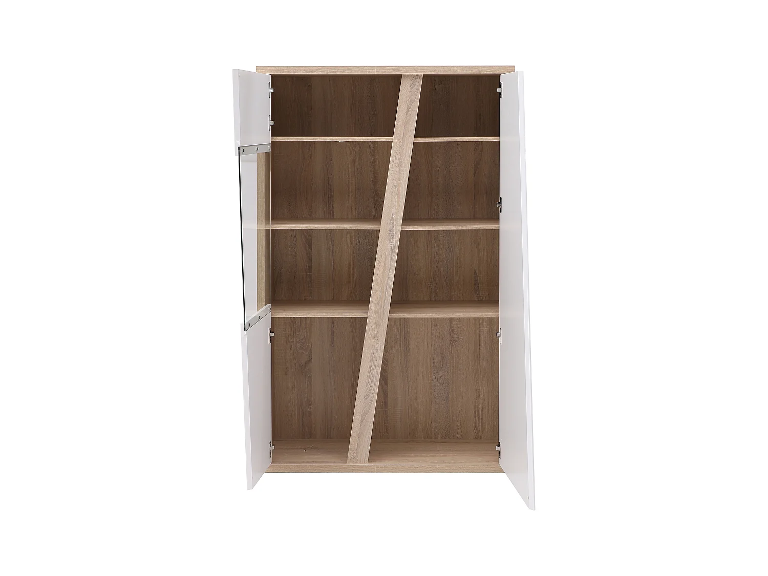 Vitrinenschrank mit 2 Türen & 2 Ablagefächern - Mit LED-Beleuchtung - Weiß & Holzfarben - ZAOTI