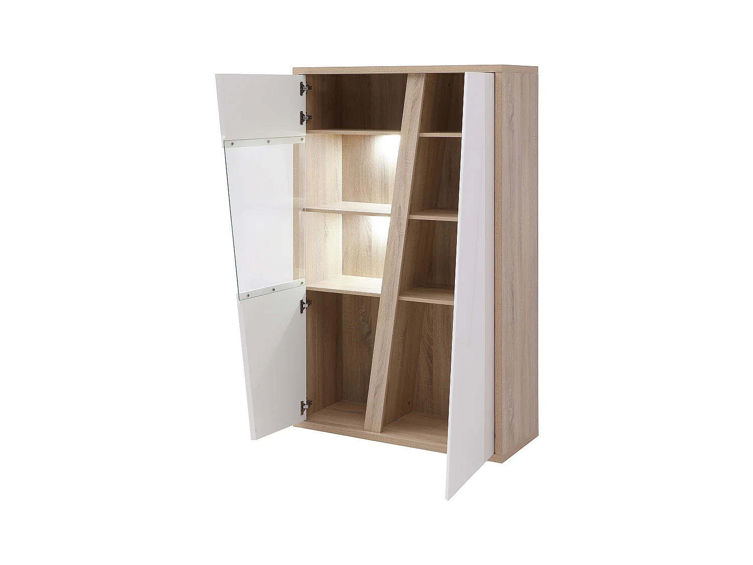 Vitrinenschrank mit 2 Türen & 2 Ablagefächern - Mit LED-Beleuchtung - Weiß & Holzfarben - ZAOTI