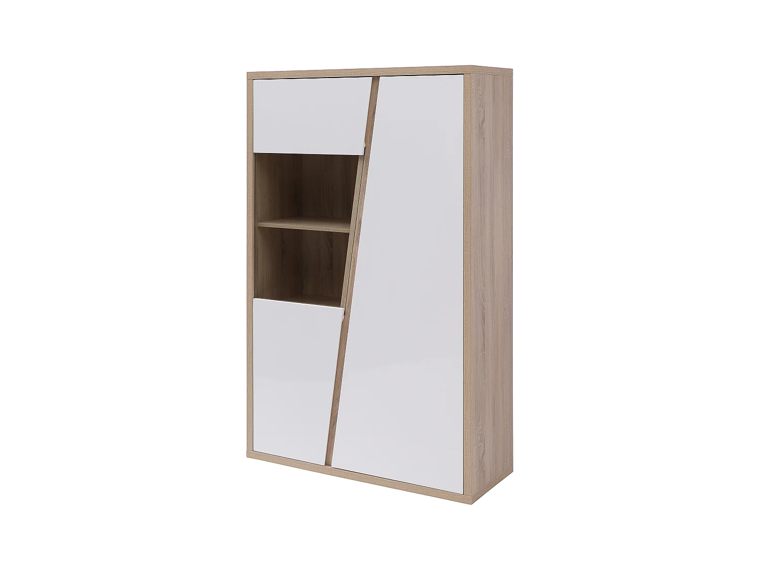 Vitrinenschrank mit 2 Türen & 2 Ablagefächern - Mit LED-Beleuchtung - Weiß & Holzfarben - ZAOTI