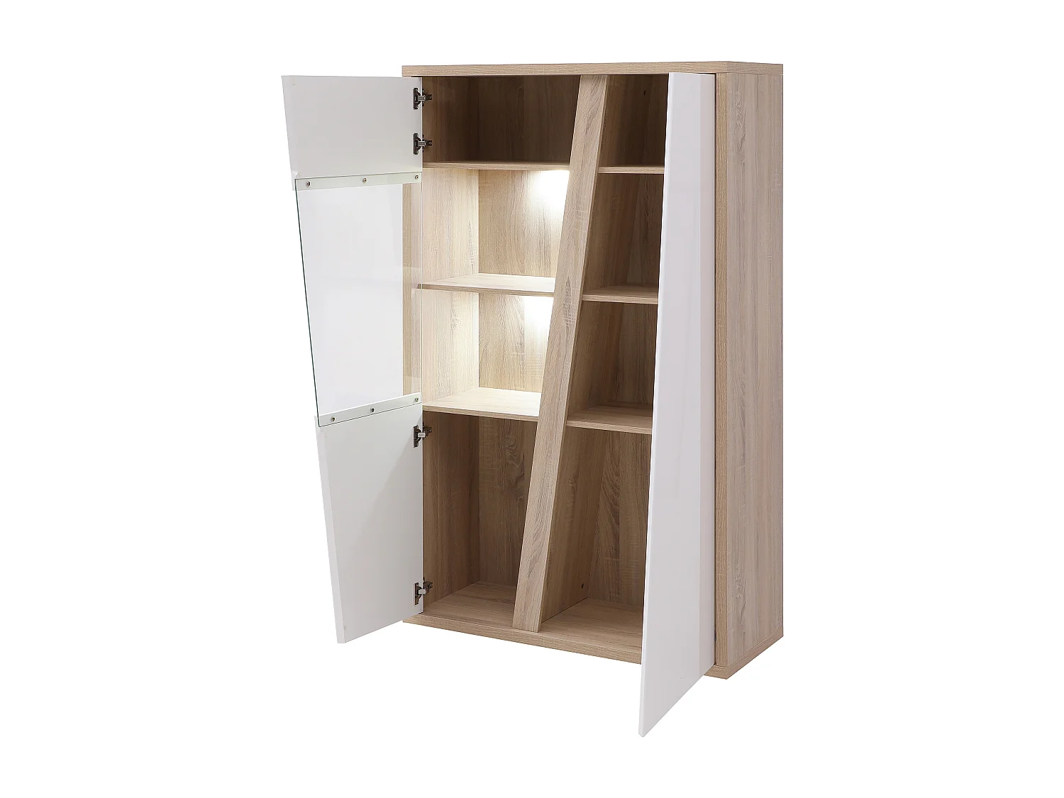 Vitrine 2 portes et 2 niches avec LEDs - Blanc et naturel - ZAOTI