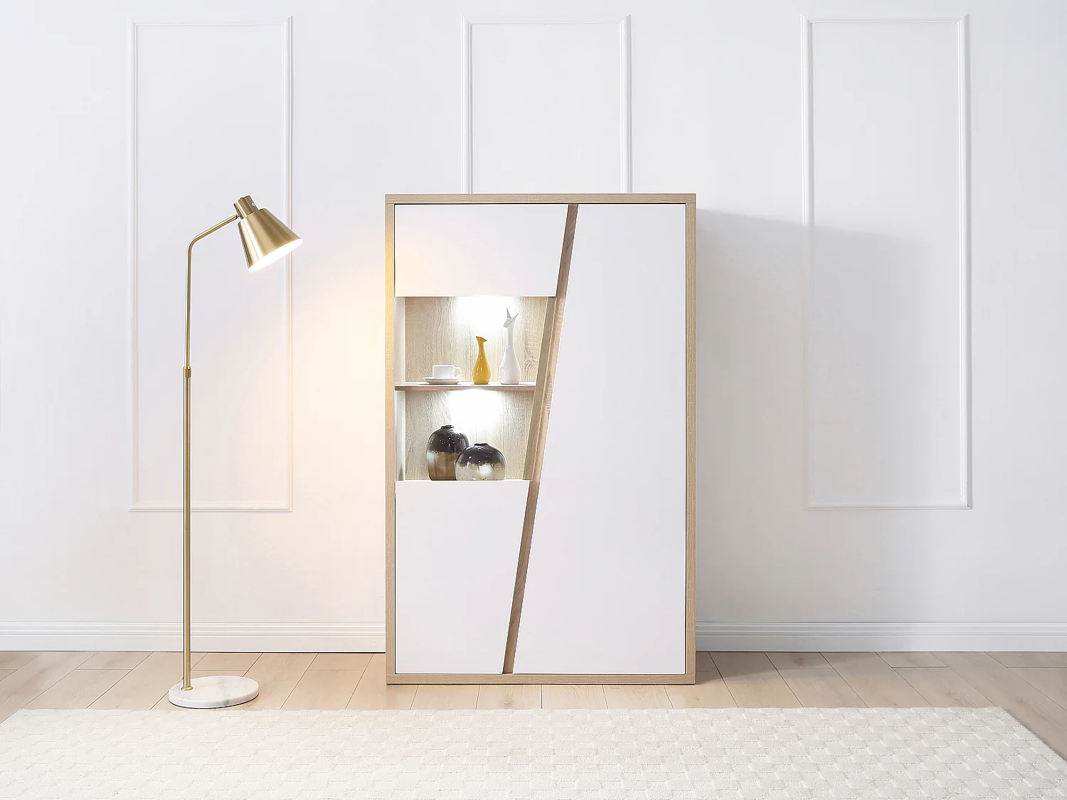 Vitrine 2 portes et 2 niches avec LEDs - Blanc et naturel - ZAOTI