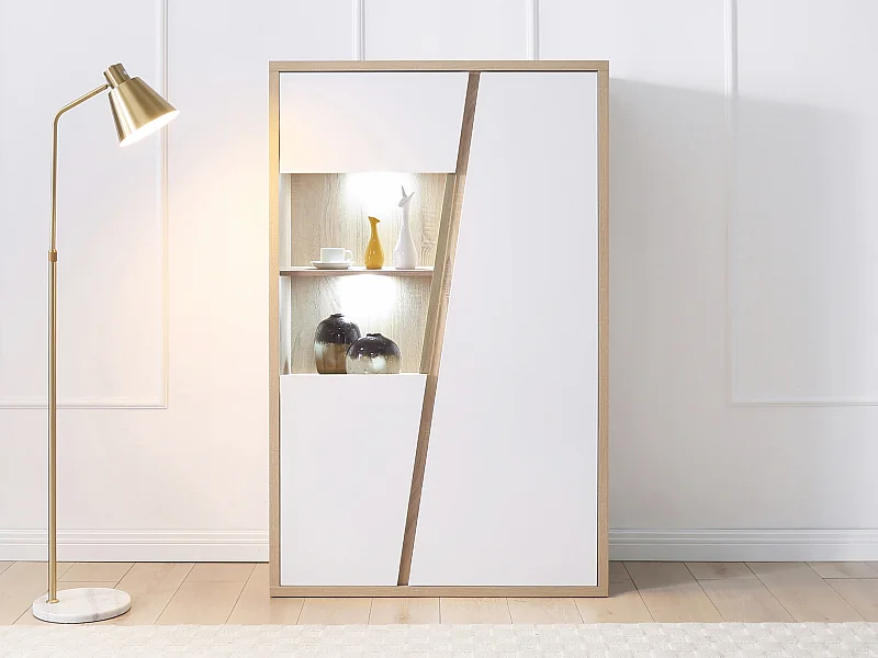 Vitrine 2 portes et 2 niches avec LEDs - Blanc et naturel - ZAOTI