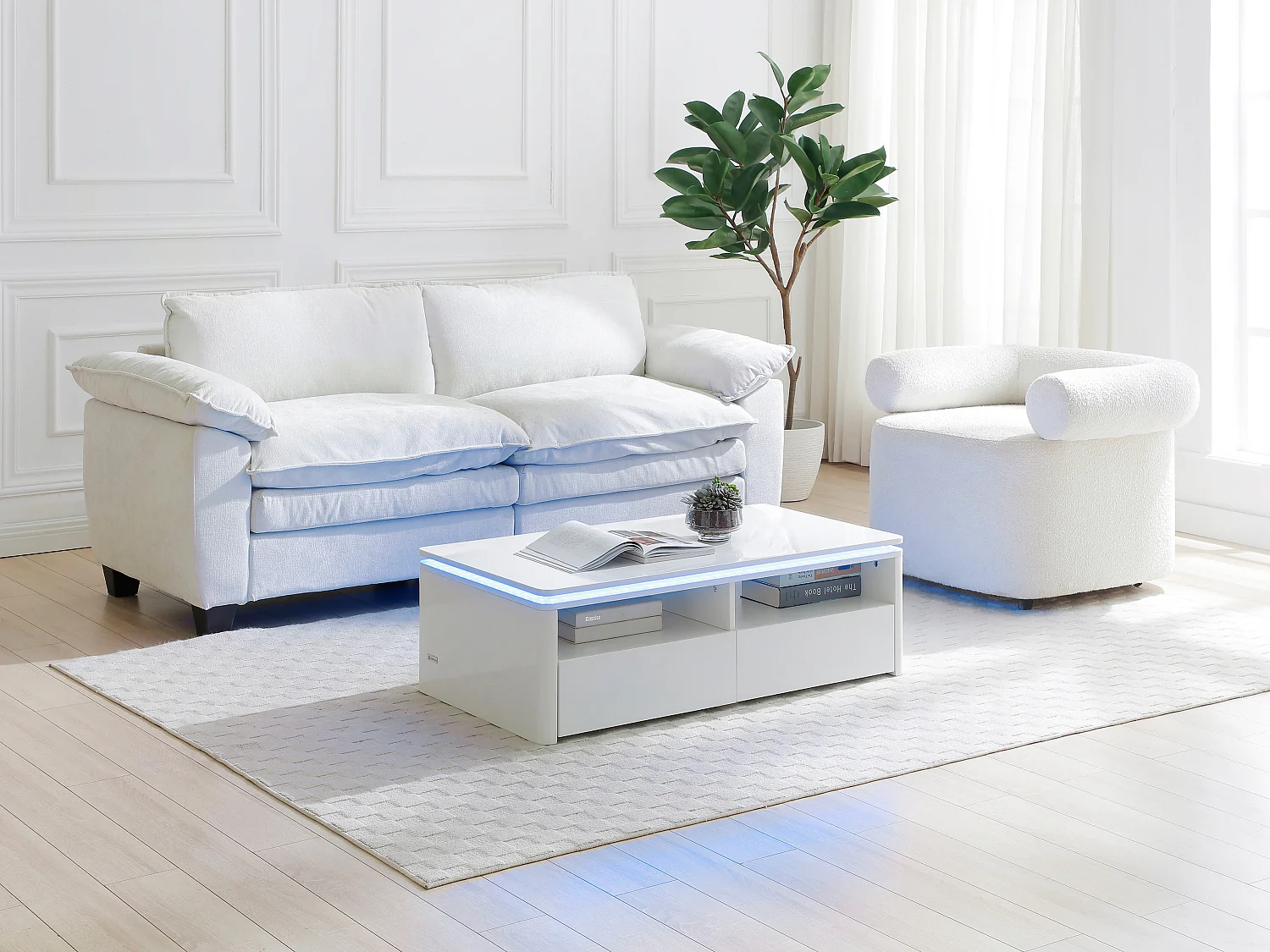 Table basse 2 tiroirs et 2 niches avec LEDs - Blanc - SYLPIA