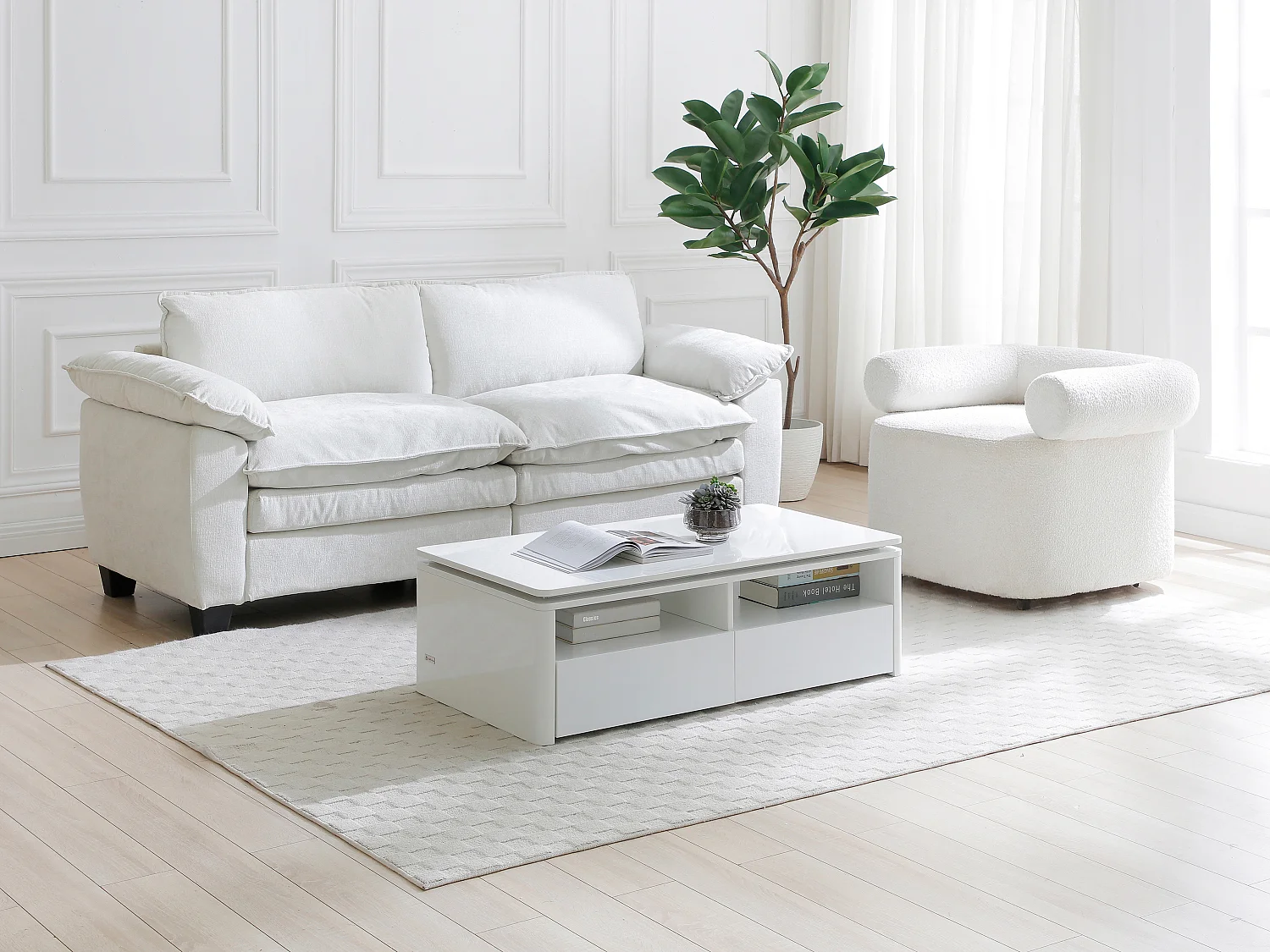 Table basse 2 tiroirs et 2 niches avec LEDs - Blanc - SYLPIA