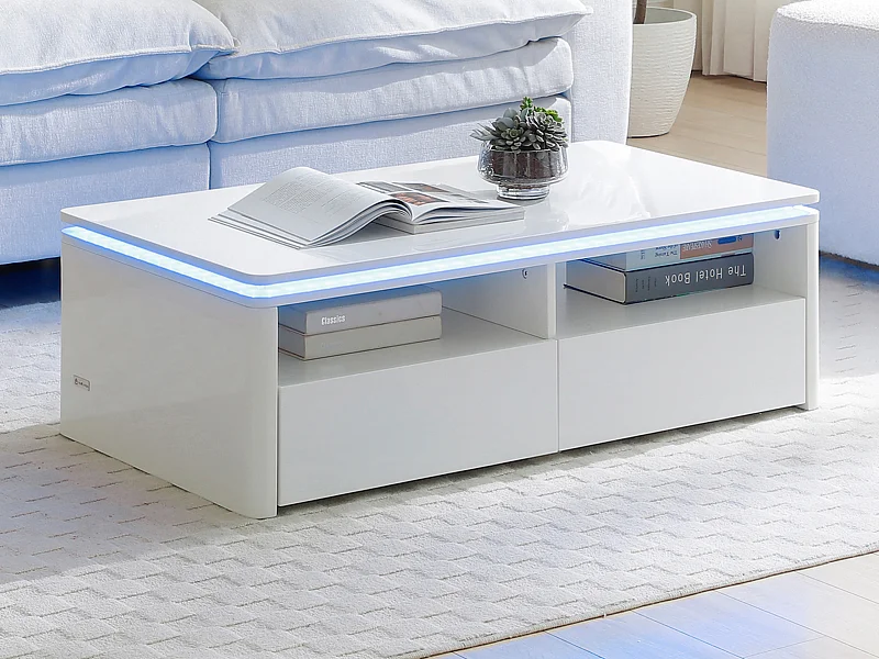 Mesa de centro 2 cajones y 2 estantes con LEDs - Blanco - SYLPIA