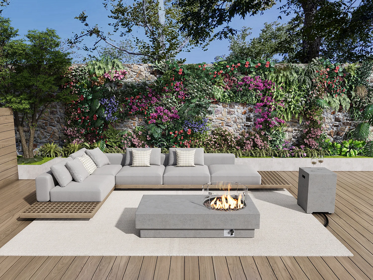 Tavolo rettangolare con braciere a gas in MGO effetto cemento Caminetto rotondo  - SEROZA