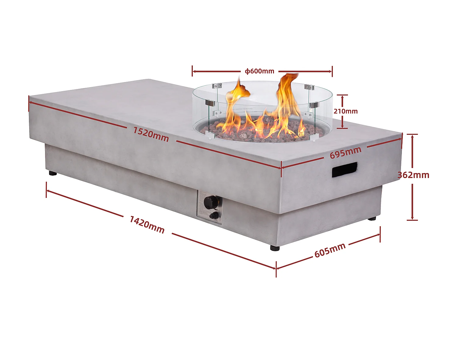 Table braséro rectangulaire au gaz en MGO effet béton – Foyer rond - SEROZA