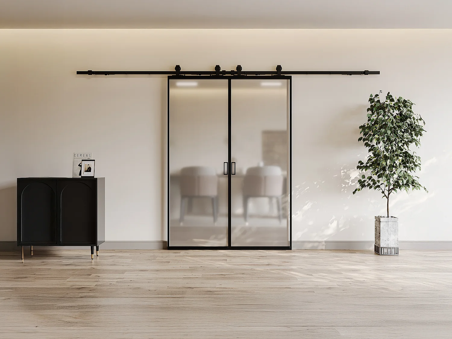 Porte coulissante double avec système en applique - aluminium et verre trempé dépoli - 2 x H205 x L83 cm - LINCI II