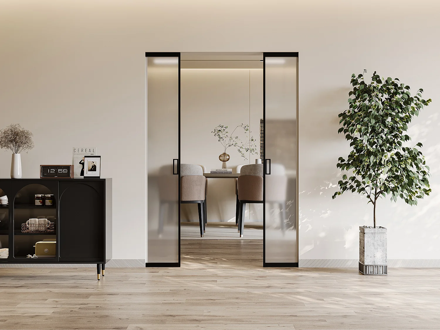 Porte coulissante double avec système à galandage - aluminium et verre trempé dépoli - 2 x H205 x L83 cm - LINCI II