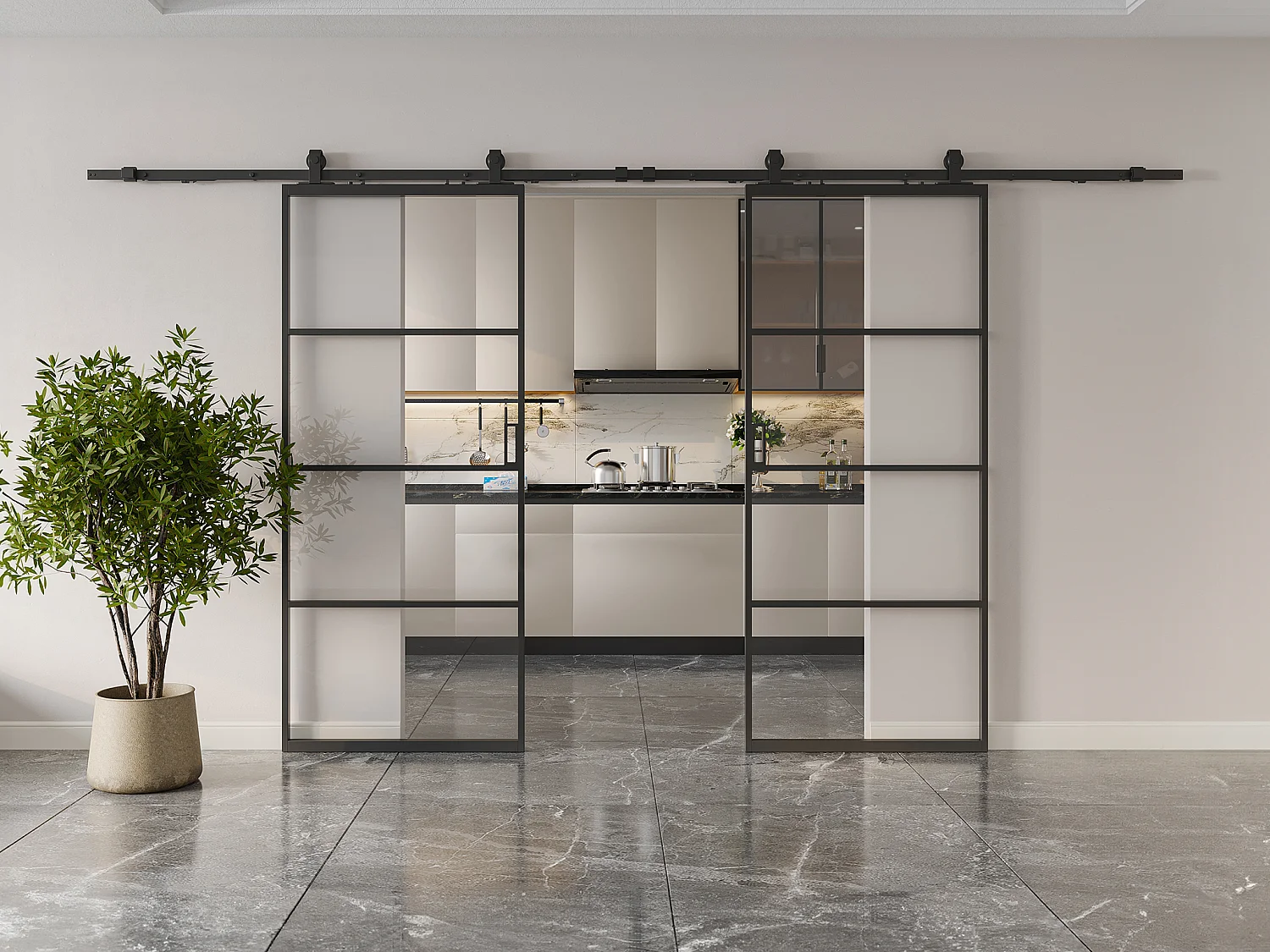 Porte coulissante double avec système en applique - aluminium et verre trempé transparent - 2 x H205 x L83 cm - SINCA II