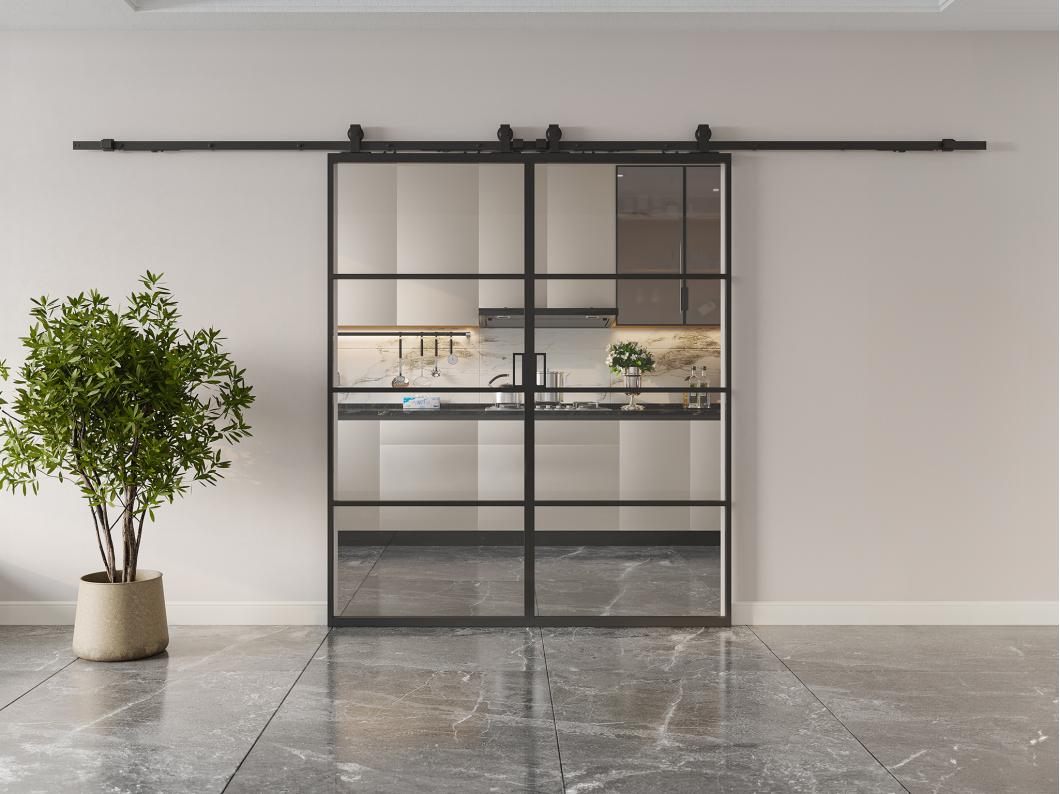 Porta scorrevole doppia sist. esterno muro 2xH205xL83cm  Alluminio e Vetro temperato trasparente - SINCA II