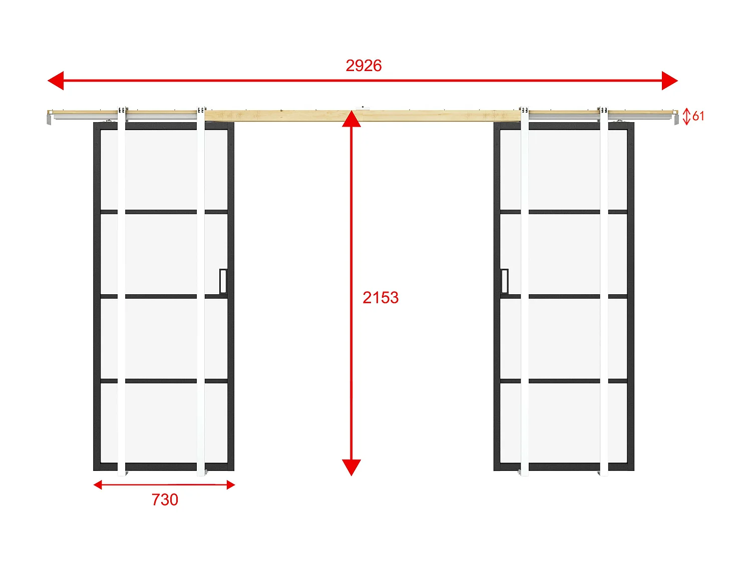 Porte coulissante double avec système à galandage - aluminium et verre trempé transparent - 2 x H205 x L73 cm - SINCA II