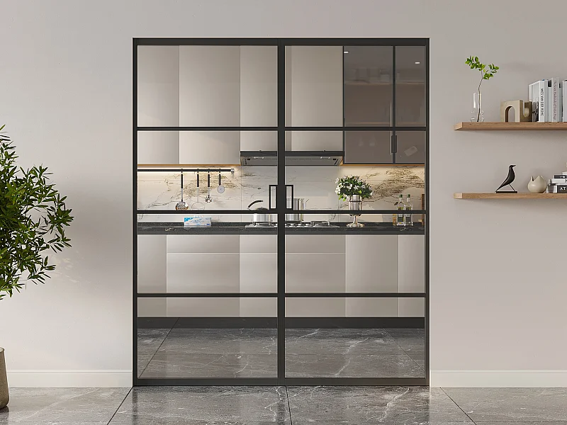 Porte coulissante double avec système à galandage - aluminium et verre trempé transparent - 2 x H205 x L83 cm - SINCA II