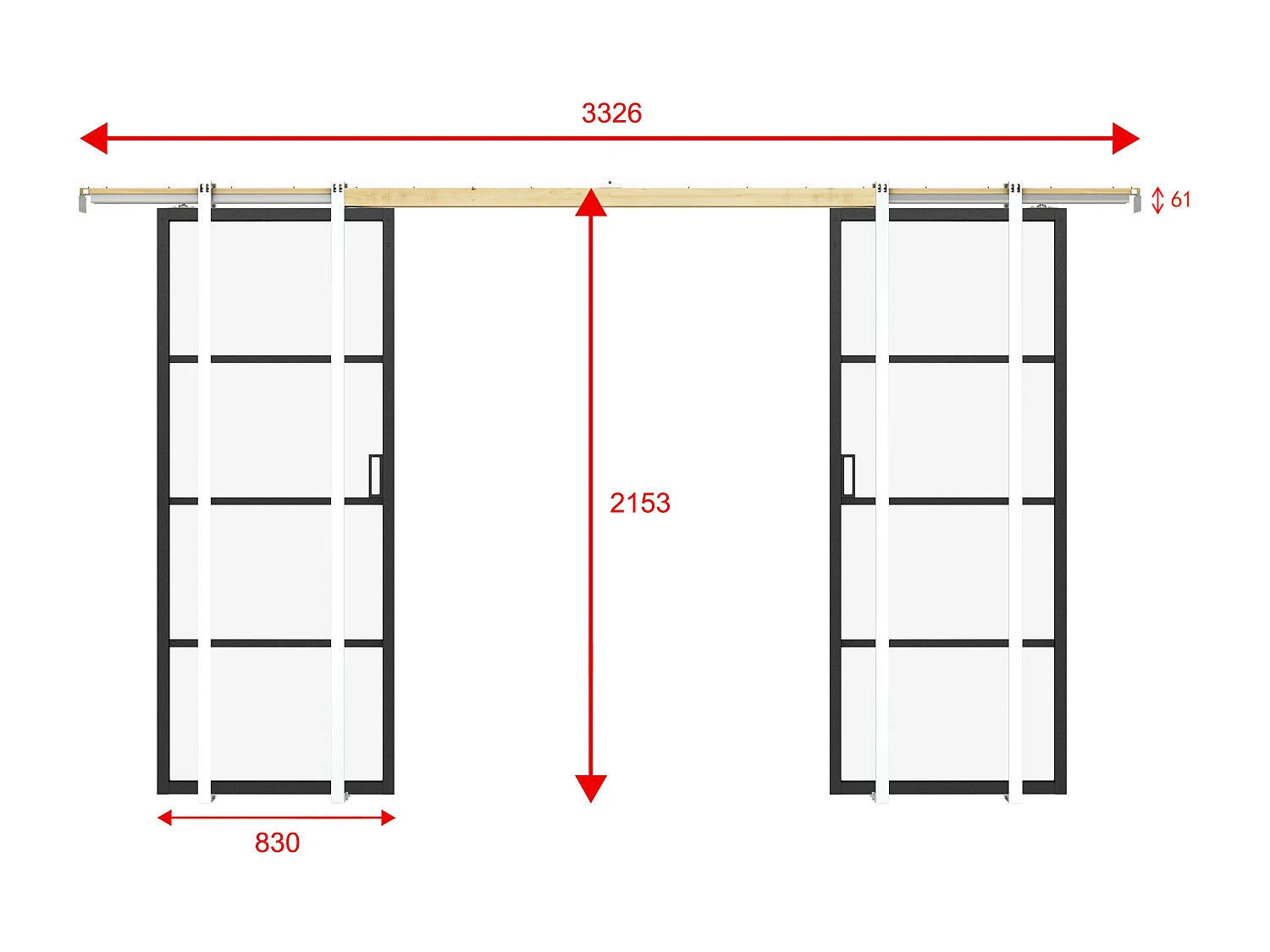 Porte coulissante double avec système à galandage - aluminium et verre trempé transparent - 2 x H205 x L83 cm - SINCA II