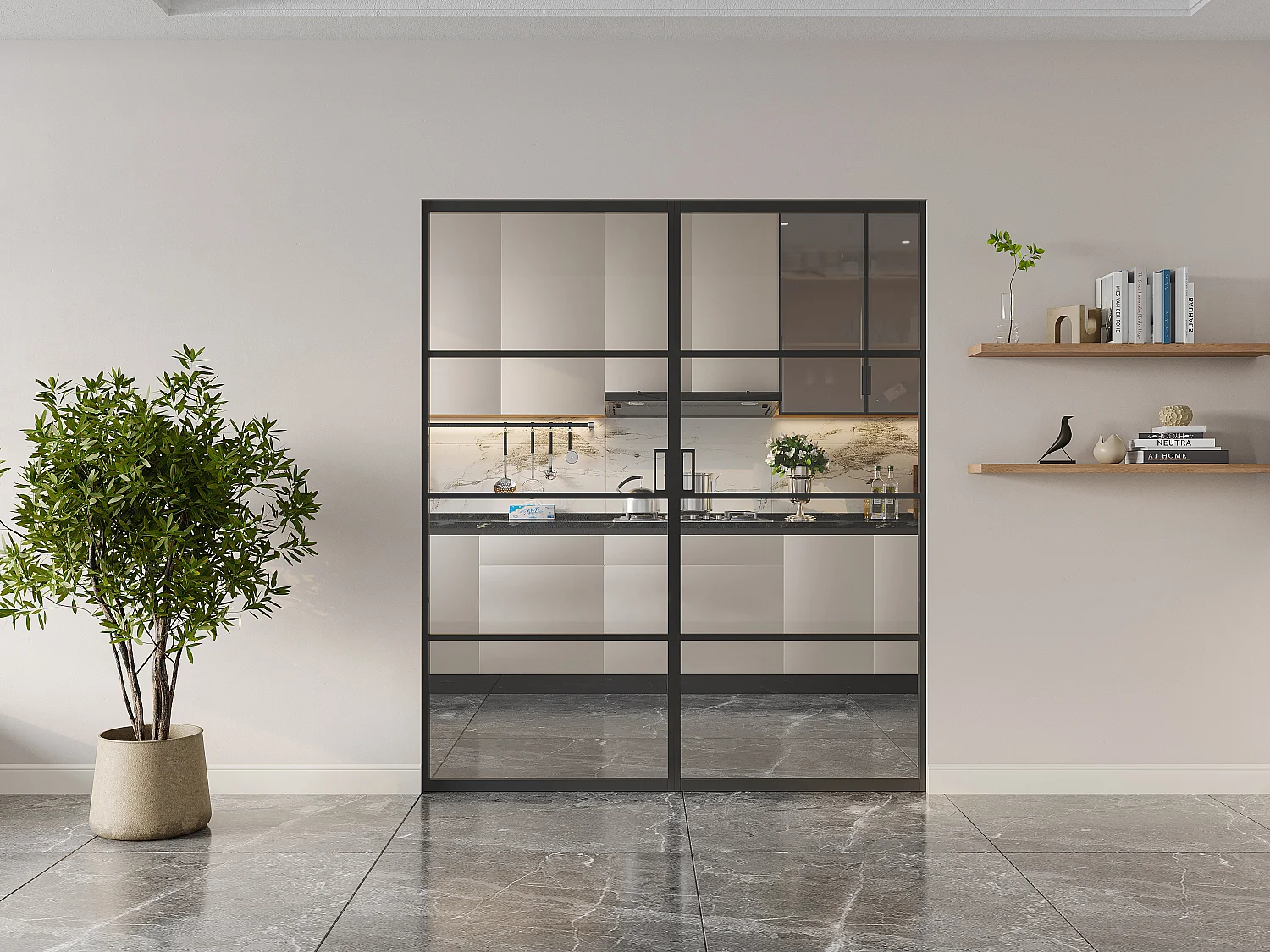 Porte coulissante double avec système à galandage - aluminium et verre trempé transparent - 2 x H205 x L83 cm - SINCA II