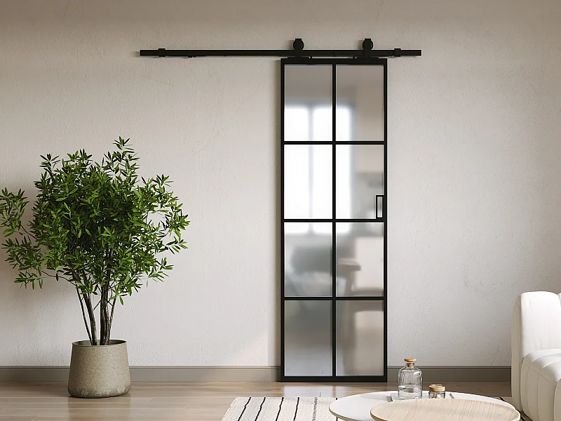 Drzwi przesuwne naścienne - aluminium i matowe szkło hartowane - wys. 205 x szer. 73 cm - WILDEN II