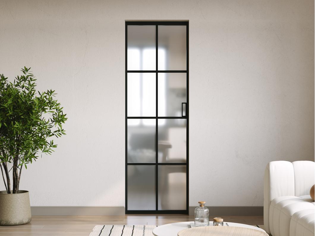 Porte coulissante avec système à galandage en aluminium et verre trempé dépoli - H205 x L73 cm - WILDEN II