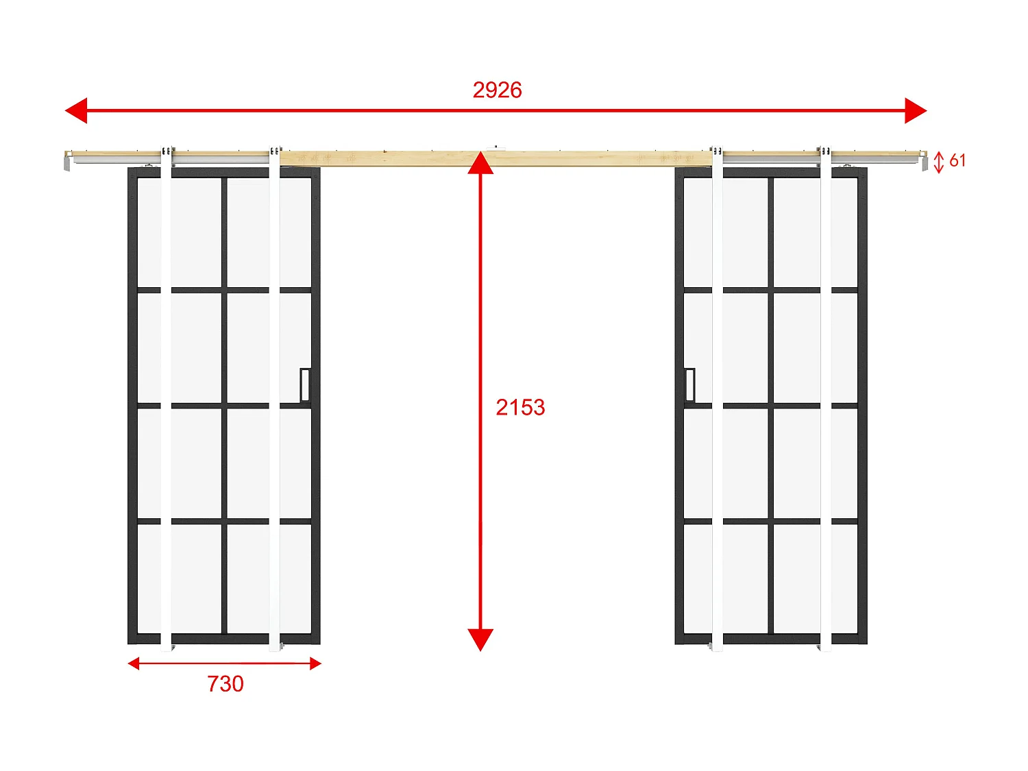 Porte coulissante double avec système à galandage en aluminium et verre trempé dépoli - 2 x H205 x L73 cm - WILDEN II