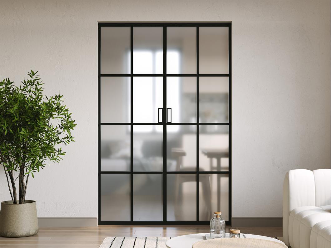 Porte coulissante double avec système à galandage en aluminium et verre trempé dépoli - 2 x H205 x L73 cm - WILDEN II