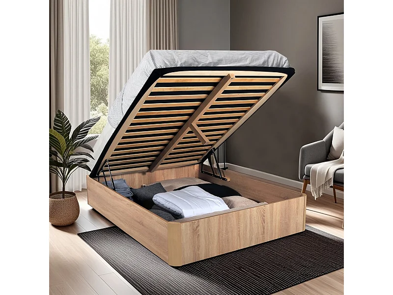 LIT COFFRE SPIRO 140x190cm + 1 SOMMIER / Décor Chêne Blanchi