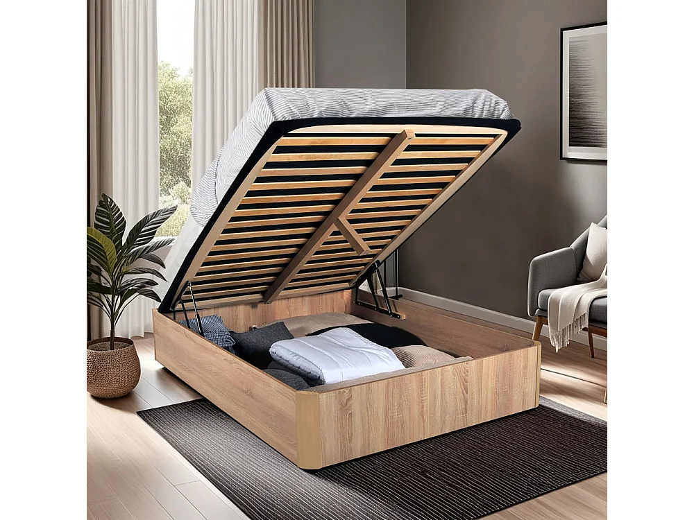 LIT COFFRE SPIRO 140x190cm + 1 SOMMIER / Décor Chêne Blanchi