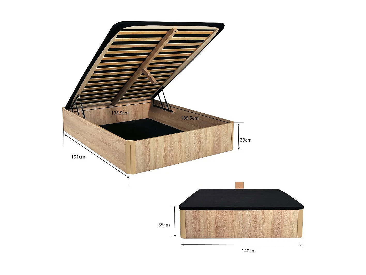 LIT COFFRE SPIRO 140x190cm + 1 SOMMIER / Décor Chêne Blanchi