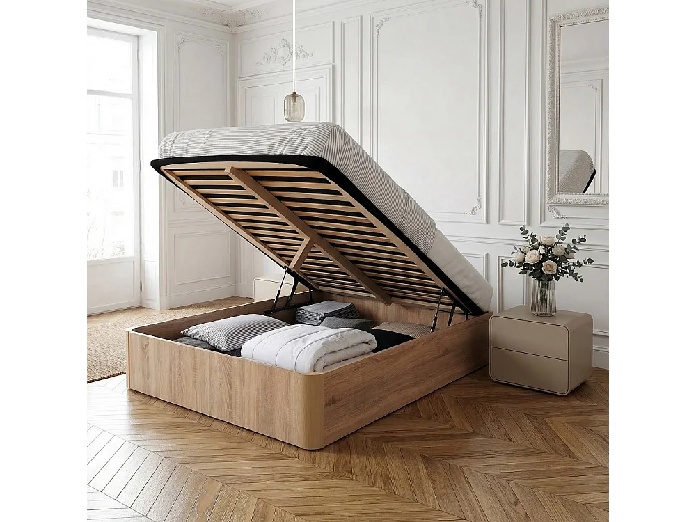 LIT COFFRE SPIRO 140x190cm + 1 SOMMIER / Décor Chêne Blanchi