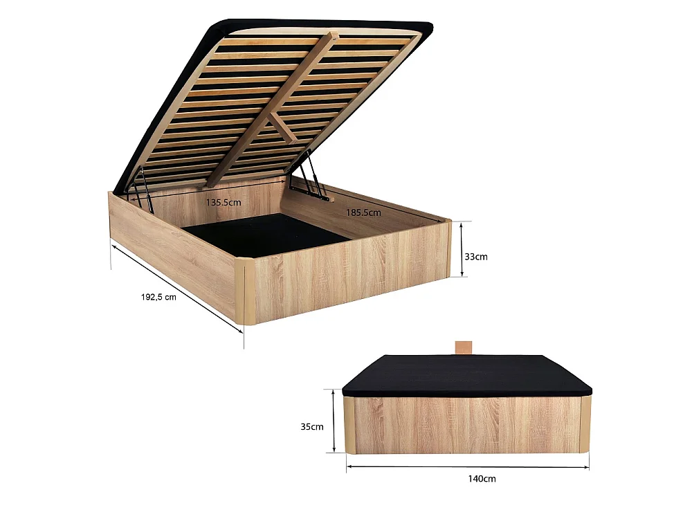 LIT COFFRE SPIRO 140x190cm + 1 SOMMIER / Décor Chêne Blanchi