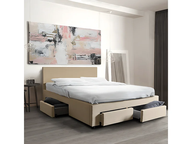 Lit LUGANO 160x200 + 1 sommier + 4 tiroirs / Beige