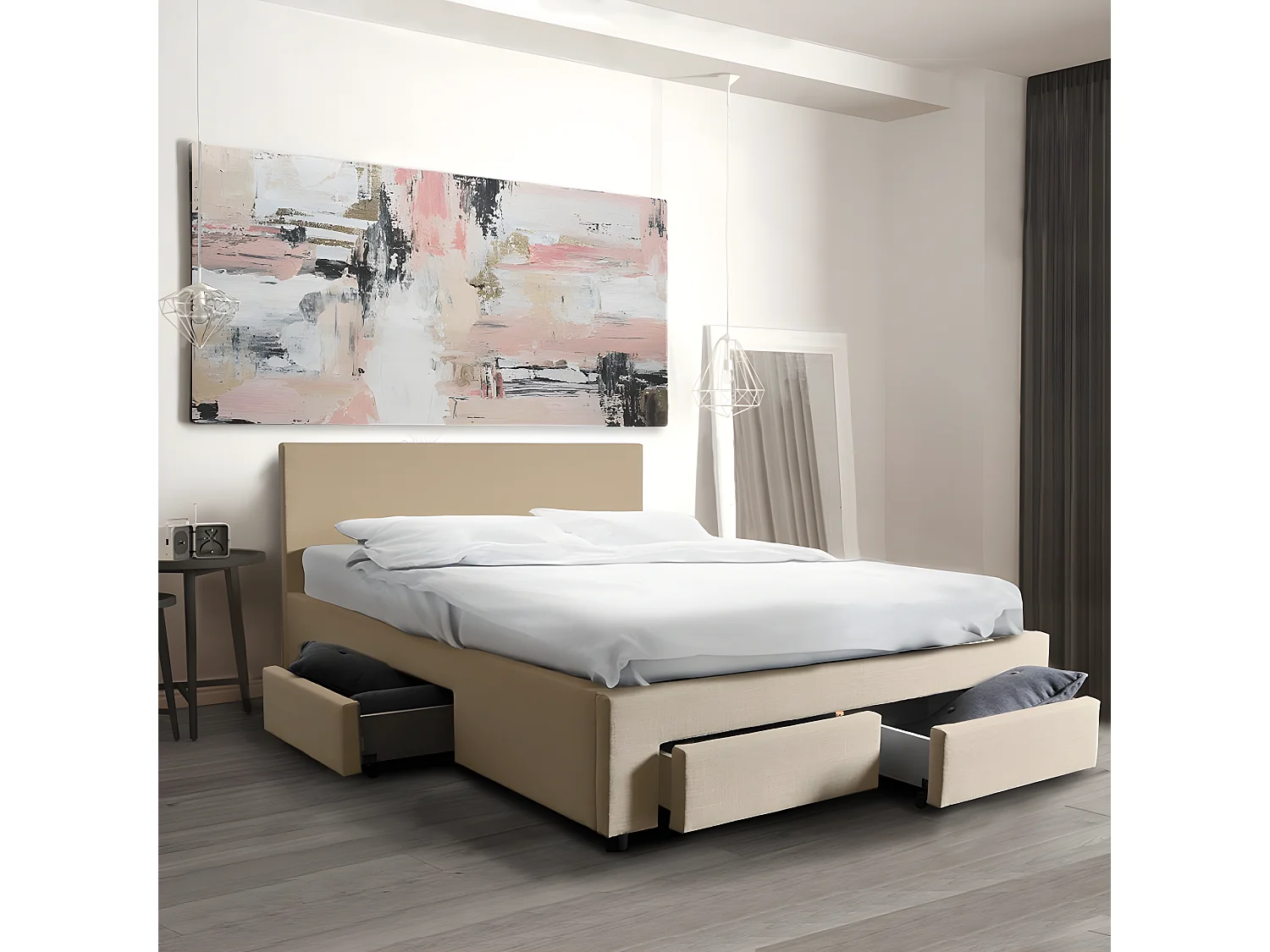 Lit LUGANO 140x190 + 1 sommier + 4 tiroirs / Beige