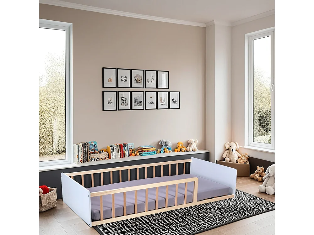 LIT 90x190 PILOU avec sommier / Blanc et naturel