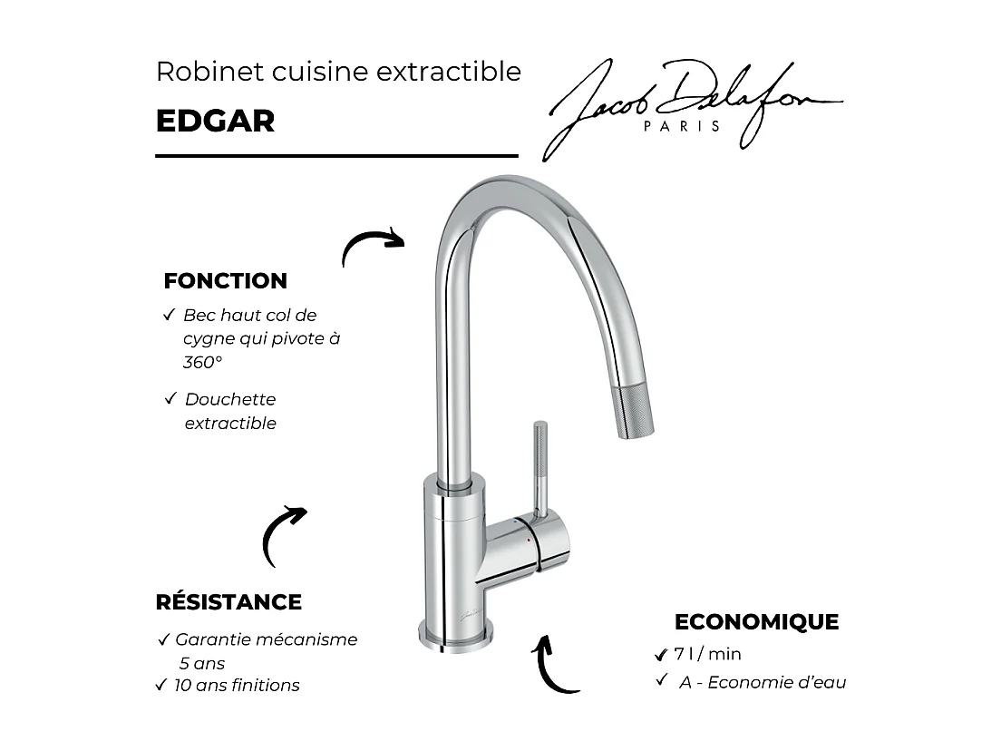 Robinet cuisine douchette extractible JACOB DELAFON Edgar chrome