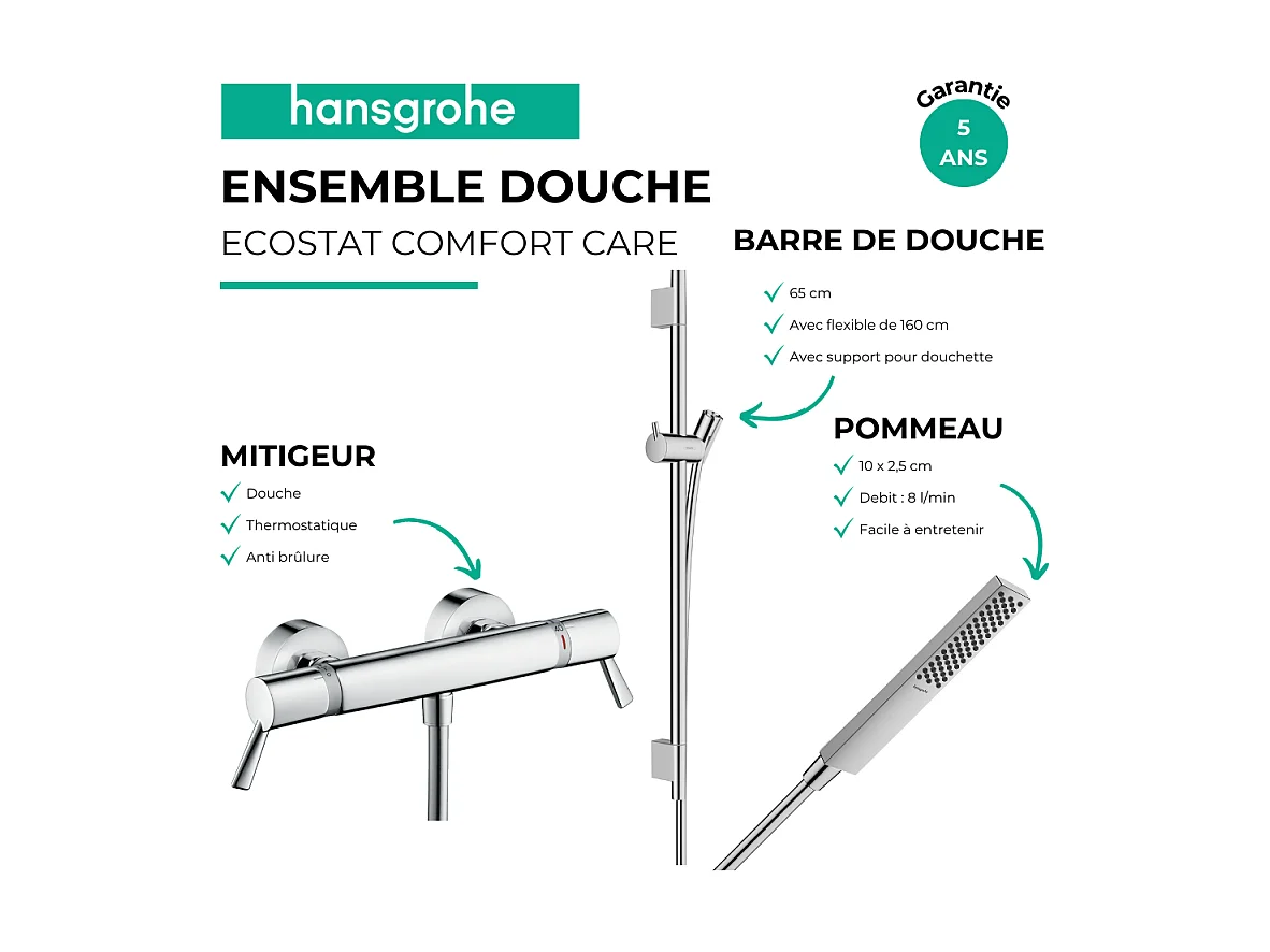 Pack mitigeur douche thermostatique HANSGROHE Ecostat Comfort Care + Barre Unica S Puro + flexible + Pommeau Pulsify E chromé