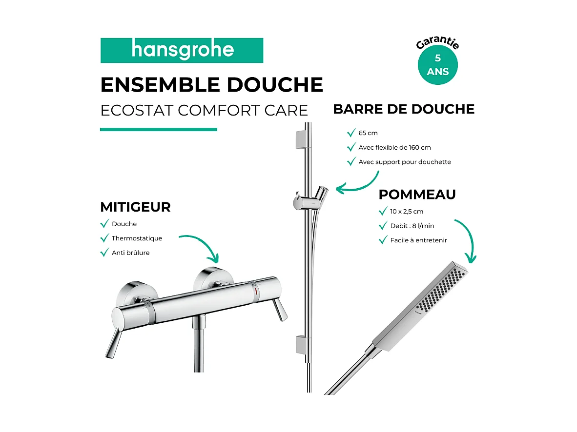Pack mitigeur douche thermostatique HANSGROHE Ecostat Comfort Care + Barre Unica S Puro + flexible + Pommeau Pulsify E chromé