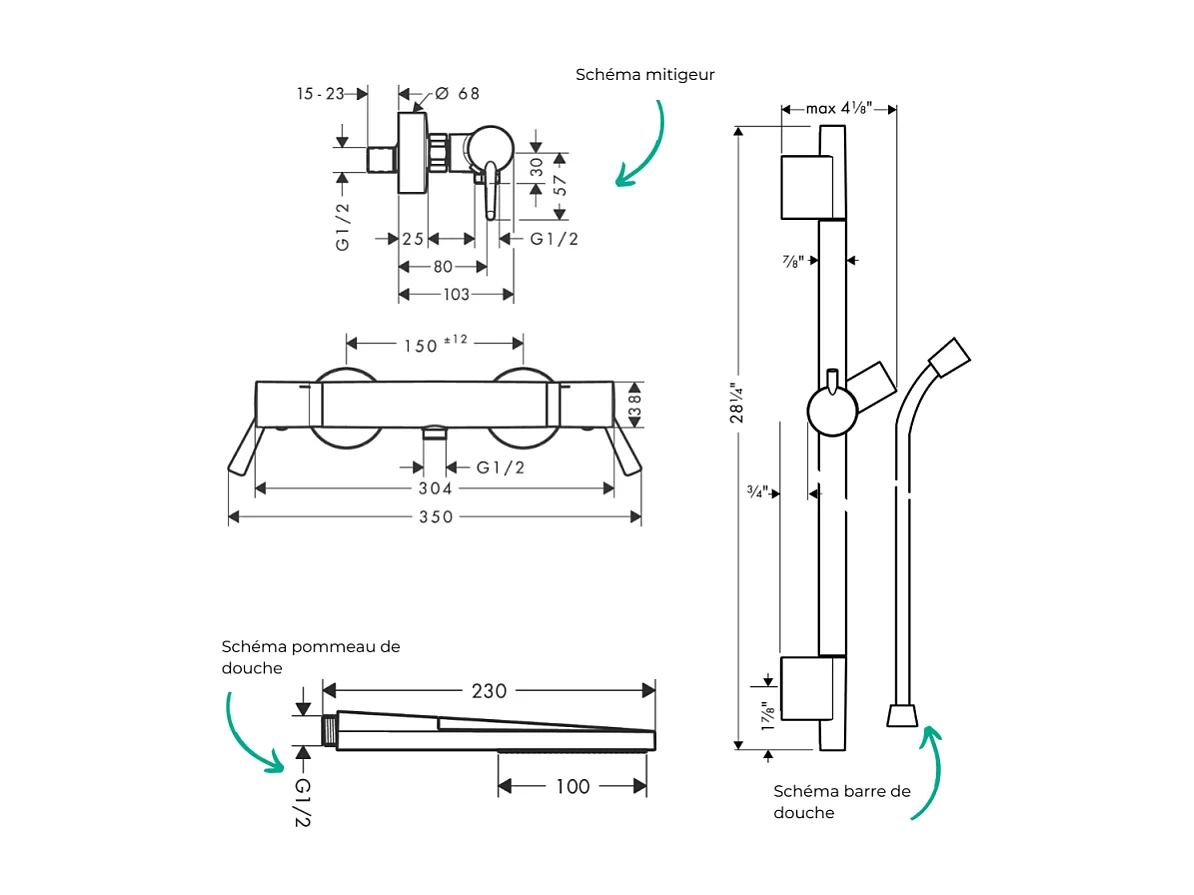 Pack mitigeur douche thermostatique HANSGROHE Ecostat Comfort Care + Barre Unica S Puro + flexible + Pommeau Pulsify E chromé