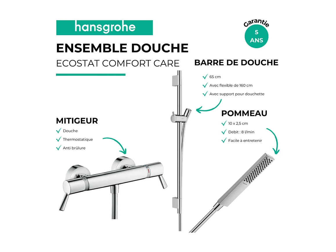 Pack mitigeur douche thermostatique HANSGROHE Ecostat Comfort Care + Barre Unica S Puro + flexible + Pommeau Pulsify E chromé
