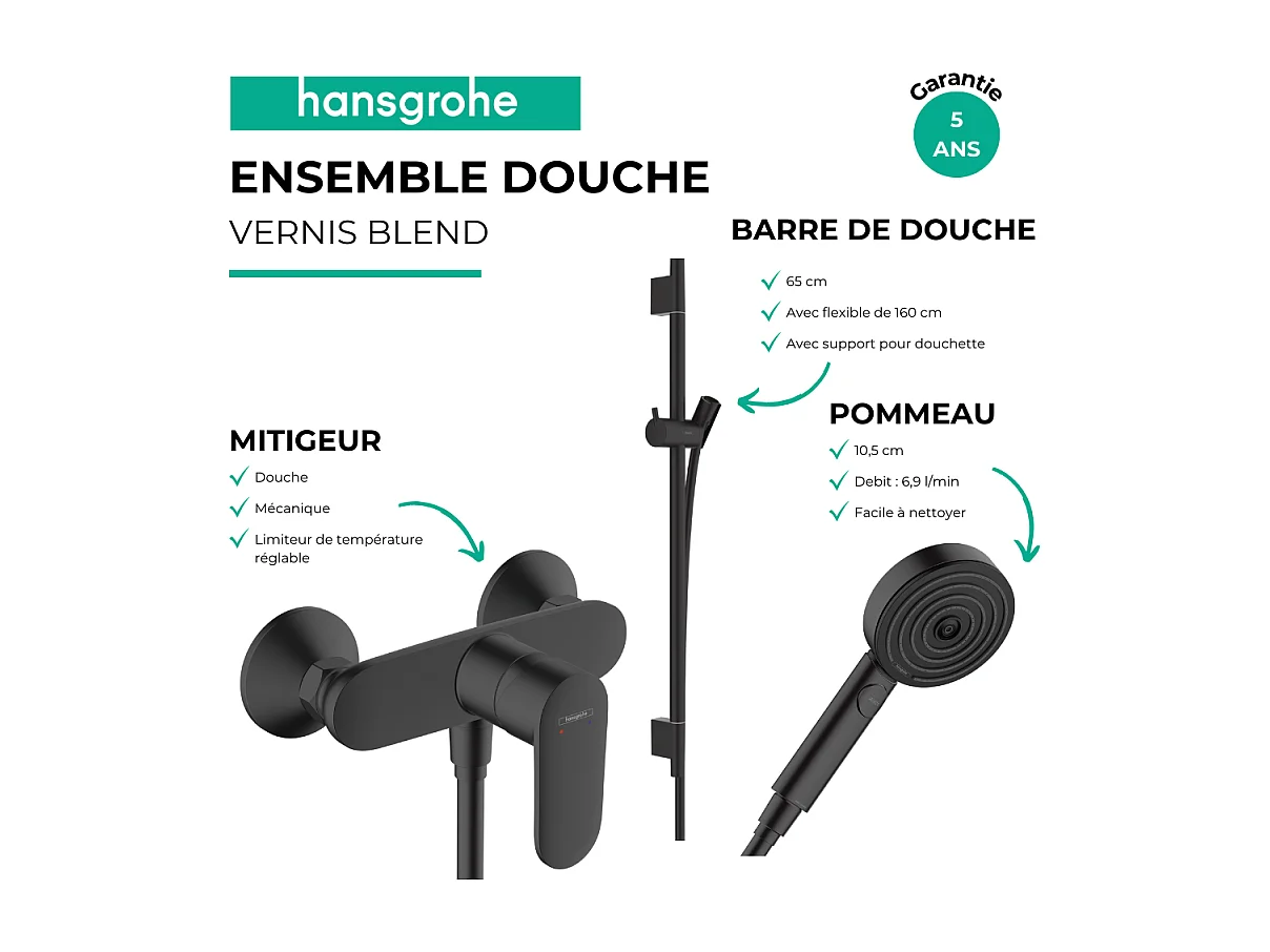 Pack mitigeur douche mécanique HANSGROHE Vernis Blend + Barre Unica S Puro + flexible + Pommeau Pulsify Select 3 jets noir mat