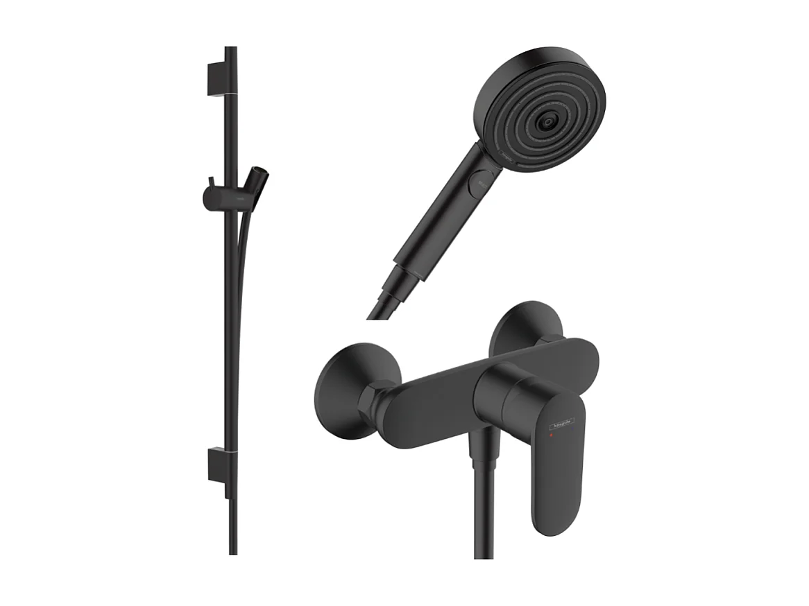 Pack mitigeur douche mécanique HANSGROHE Vernis Blend + Barre Unica S Puro + flexible + Pommeau Pulsify Select 3 jets noir mat
