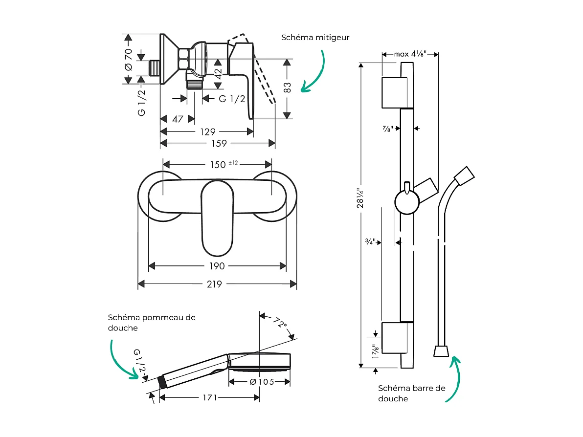 Pack mitigeur douche mécanique HANSGROHE Vernis Blend + Barre Unica S Puro + flexible + Pommeau Pulsify Select 3 jets noir mat