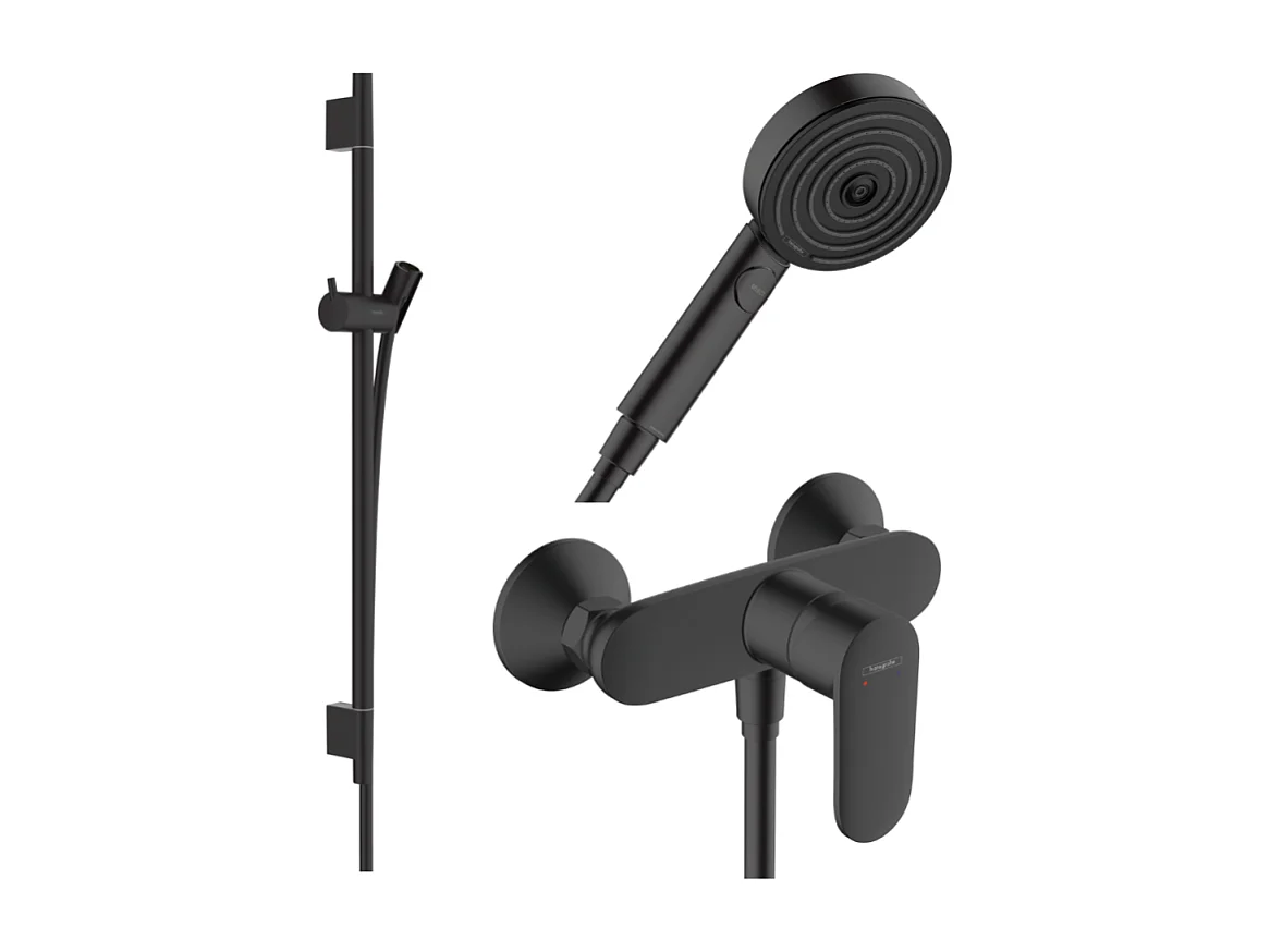 Pack mitigeur douche mécanique HANSGROHE Vernis Blend + Barre Unica S Puro + flexible + Pommeau Pulsify Select 3 jets noir mat